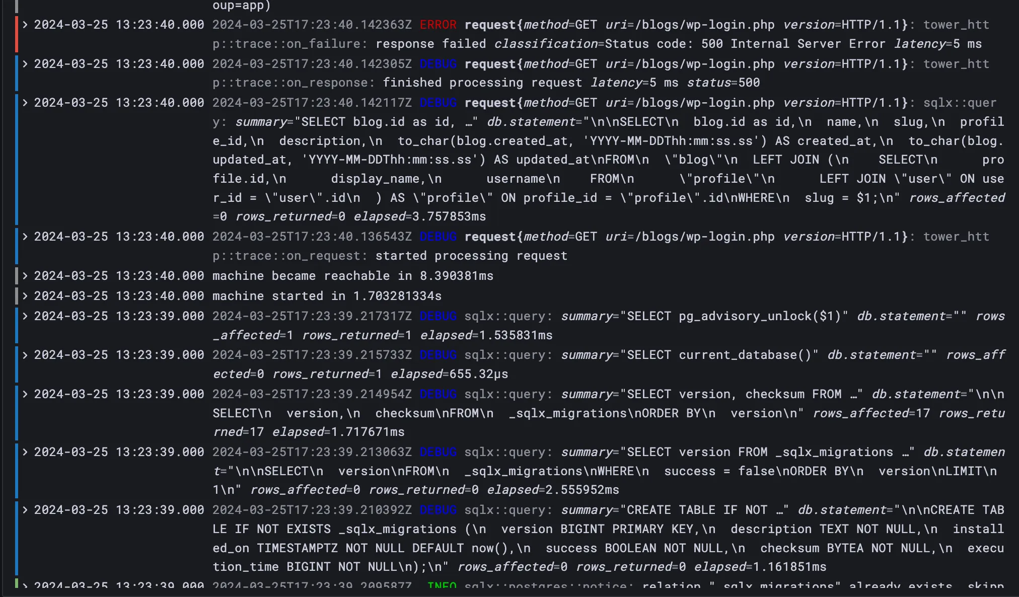 Grafana logs from running Devy in production. The logs indicate a not found error returns a 500.