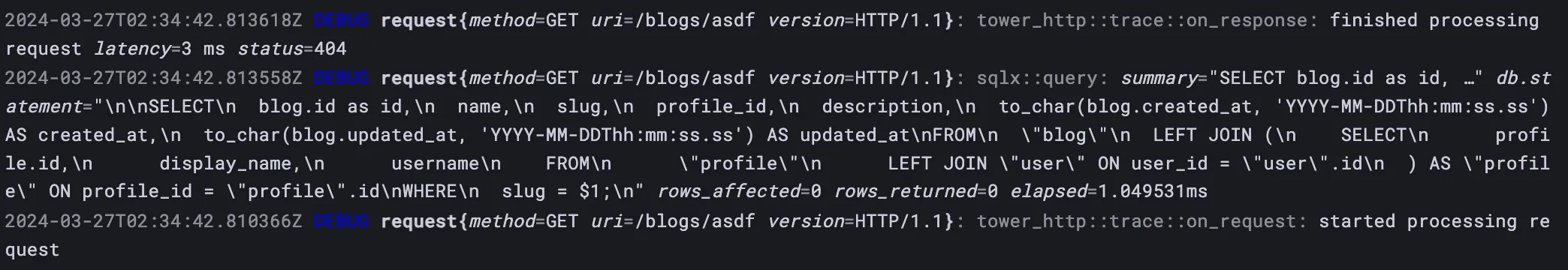 Grafana logs from running Devy in production. The logs indicate a not found error returned 404.