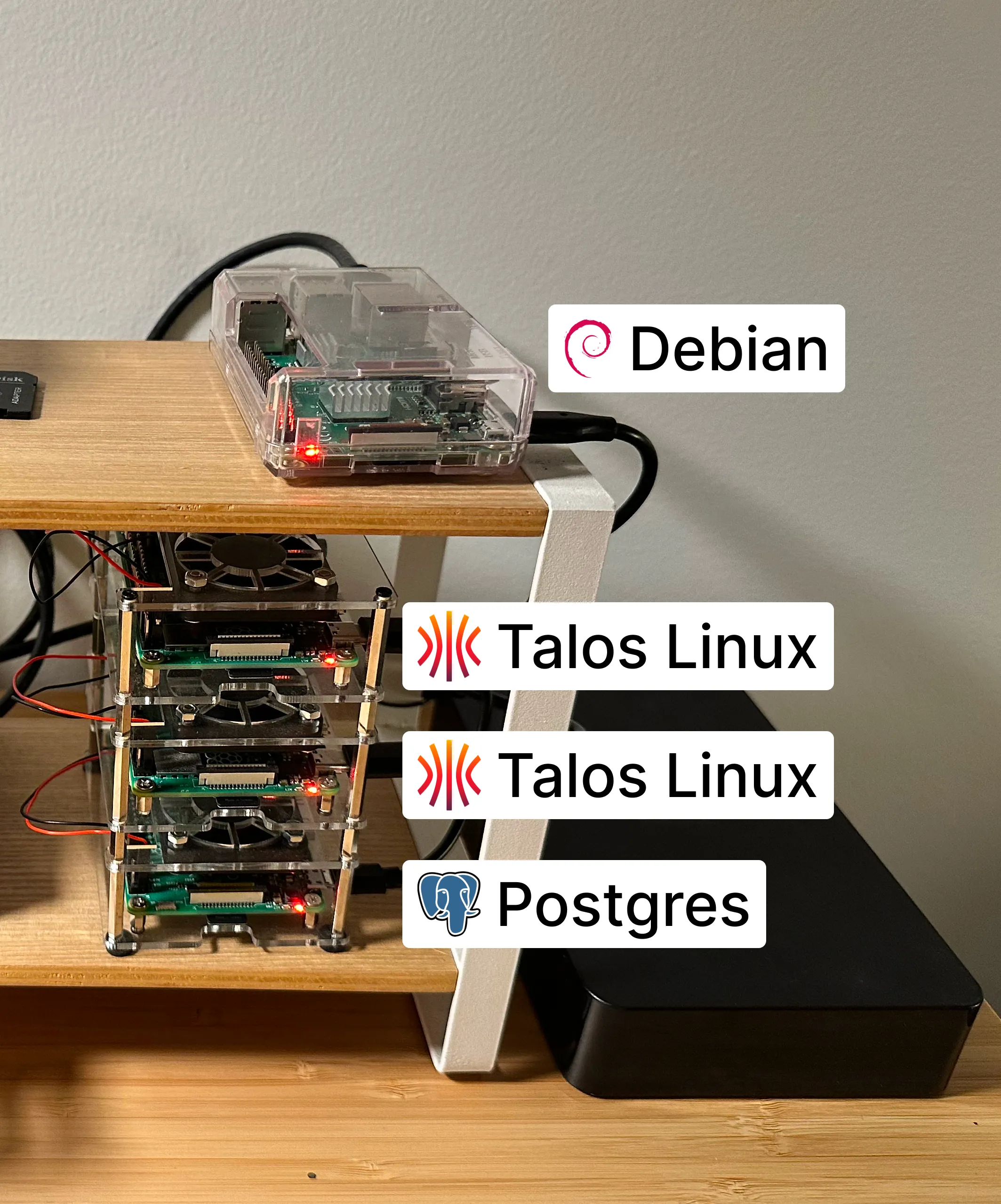 An overhead shot of my homelab of Raspberry Pis.